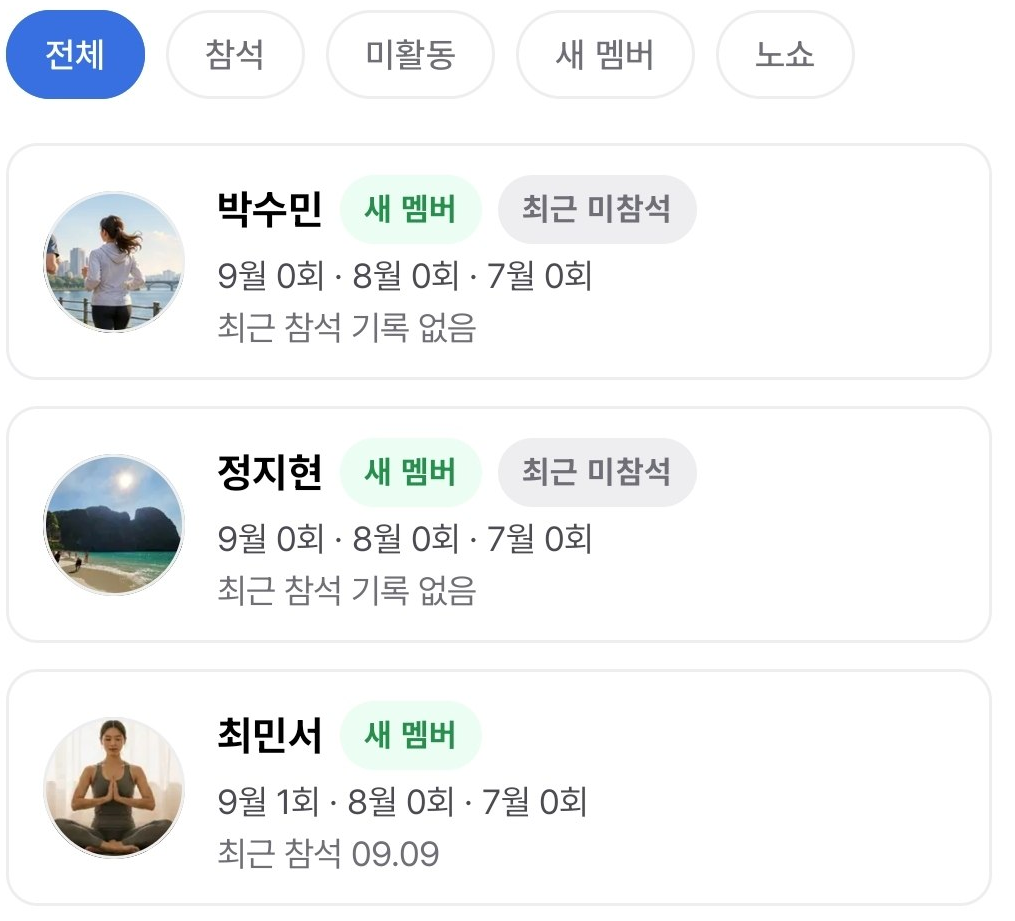 전체·참석·미활동·새 멤버·노쇼 필터와 멤버별 월간 참석 횟수 및 최근 참석일